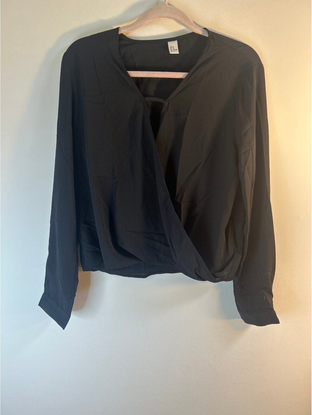 Womens Medium Black Wrap Blouse Long Sleeve Surplice V Neck Career Office Top